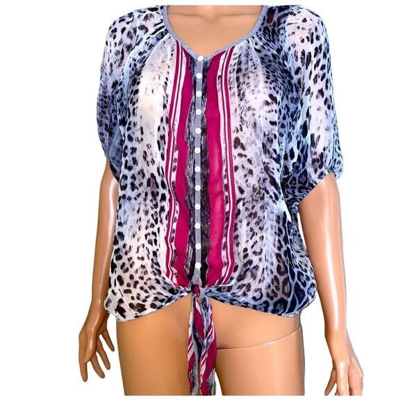 Karen Kane leopard print pink, black & white tie knot button up blouse SZ M - Picture 2 of 9